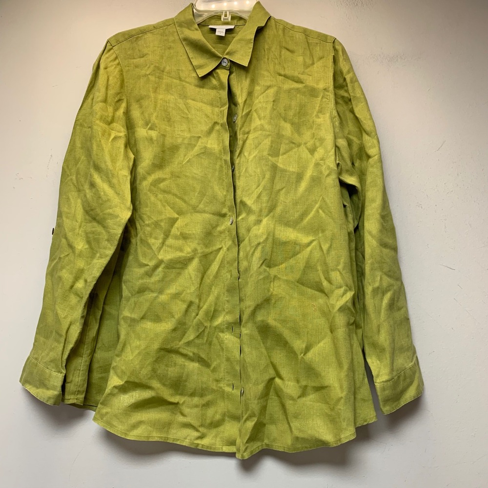 J. Jill Love Linen Shirt Womens Medium Green Excellent Roll Tab Button Down